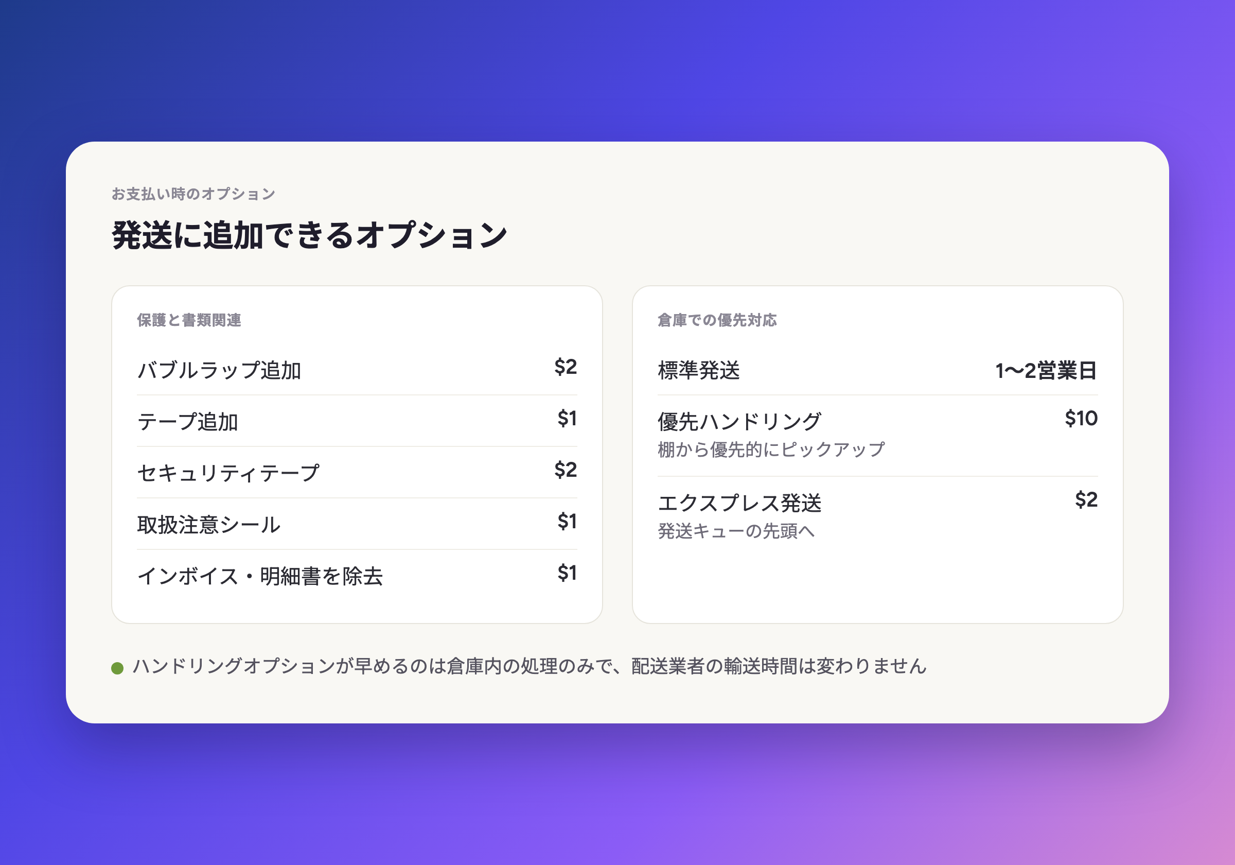 荷物に追加できるオプション