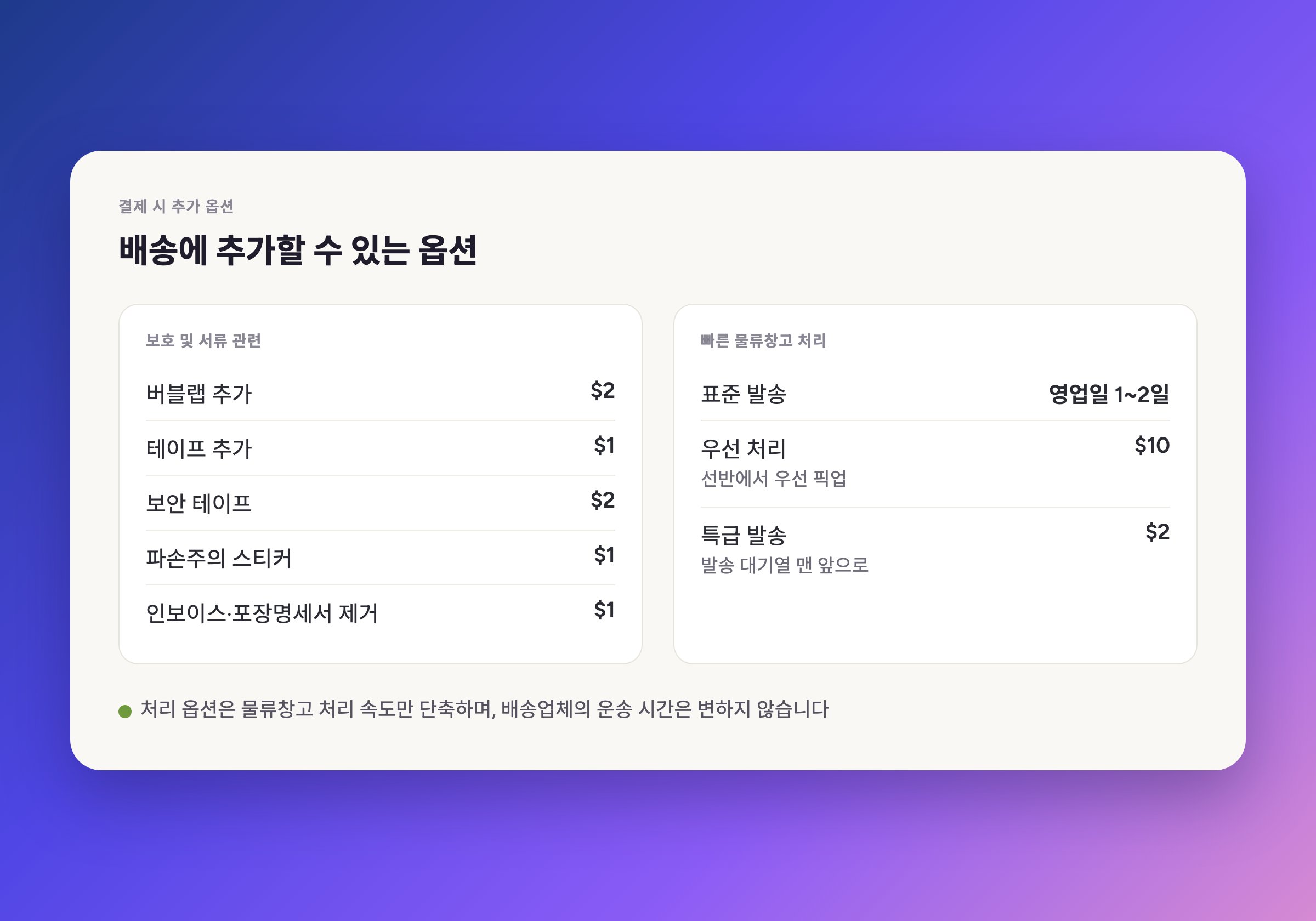 배송에 추가할 수 있는 옵션