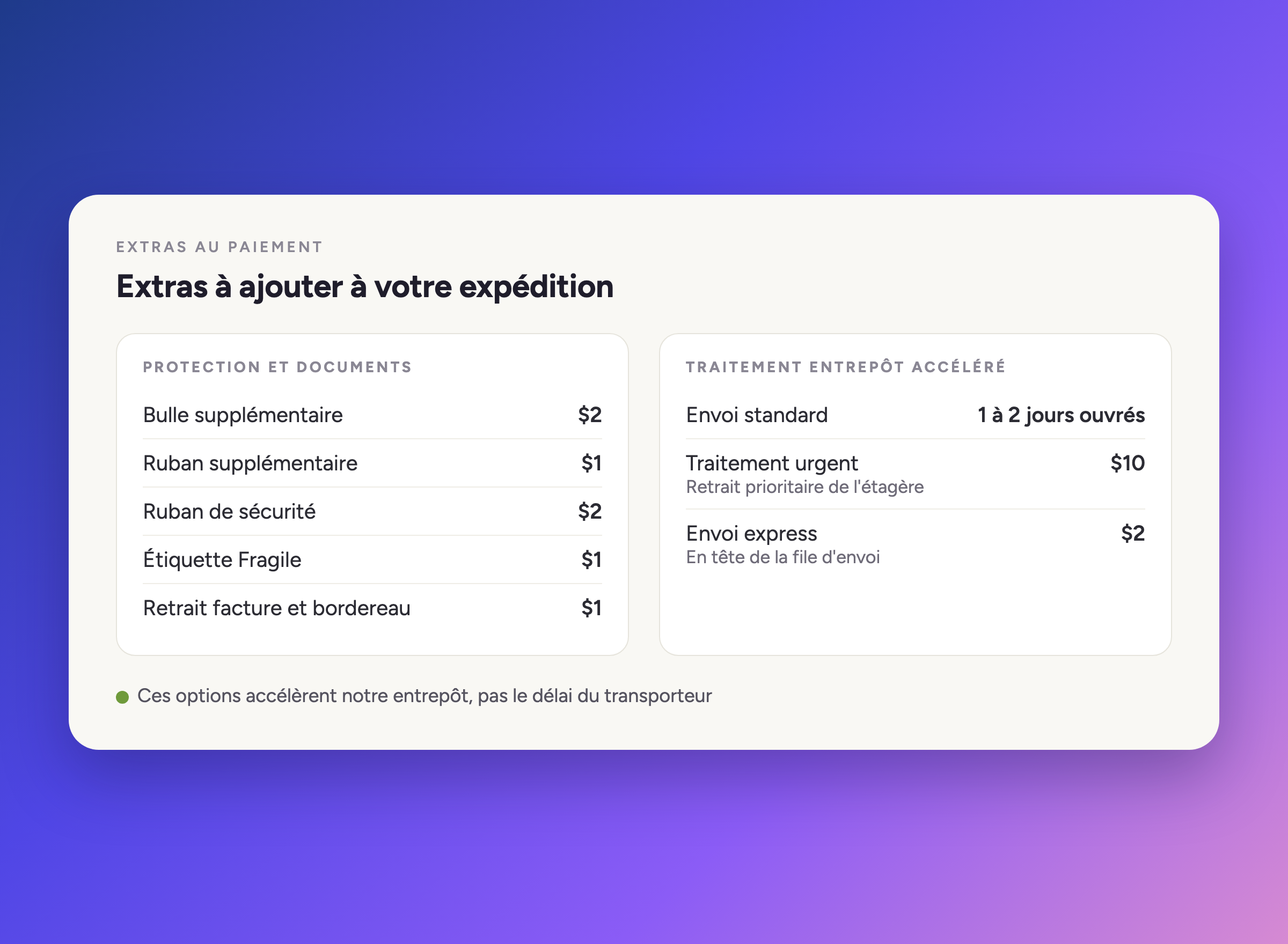 Options que vous pouvez ajouter à votre expédition
