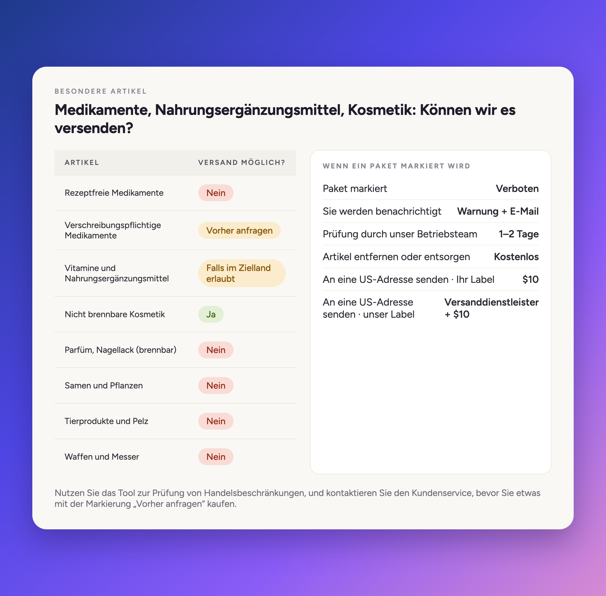 Medikamente, Nahrungsergänzungsmittel, Kosmetik: Können wir es versenden?