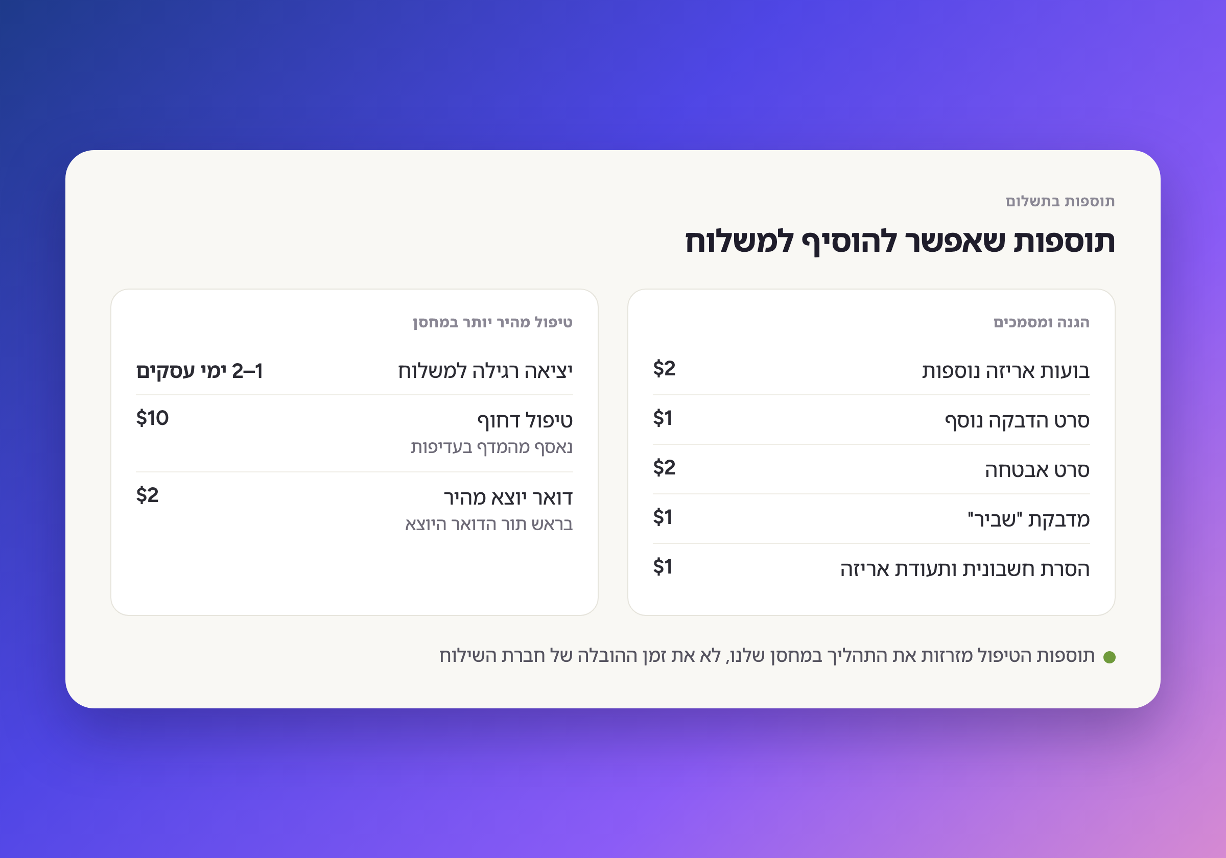 תוספות שאפשר להוסיף למשלוח