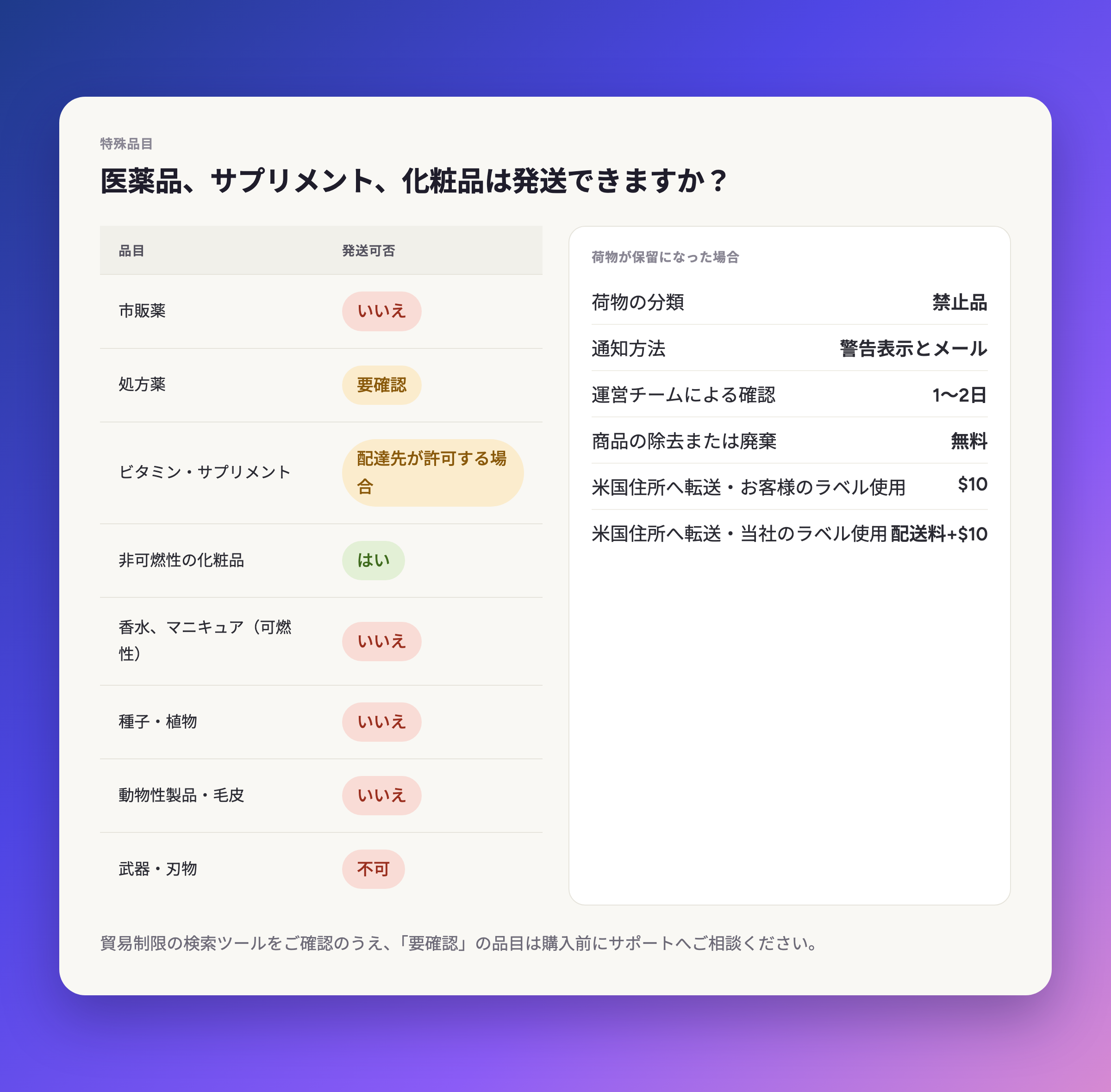 医薬品、サプリメント、化粧品：発送できますか？