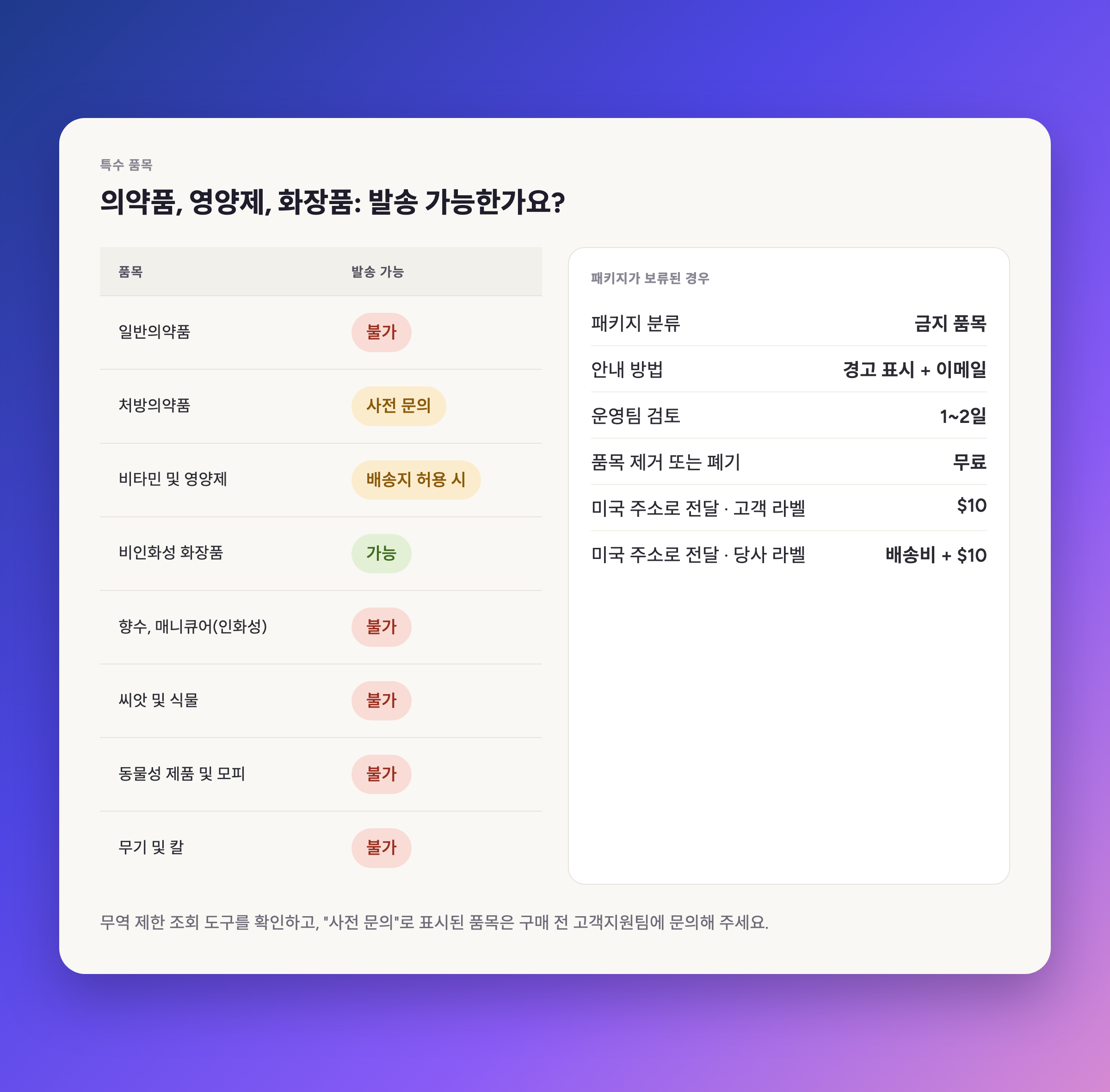 의약품, 건강보조식품, 화장품: 배송 가능할까요?