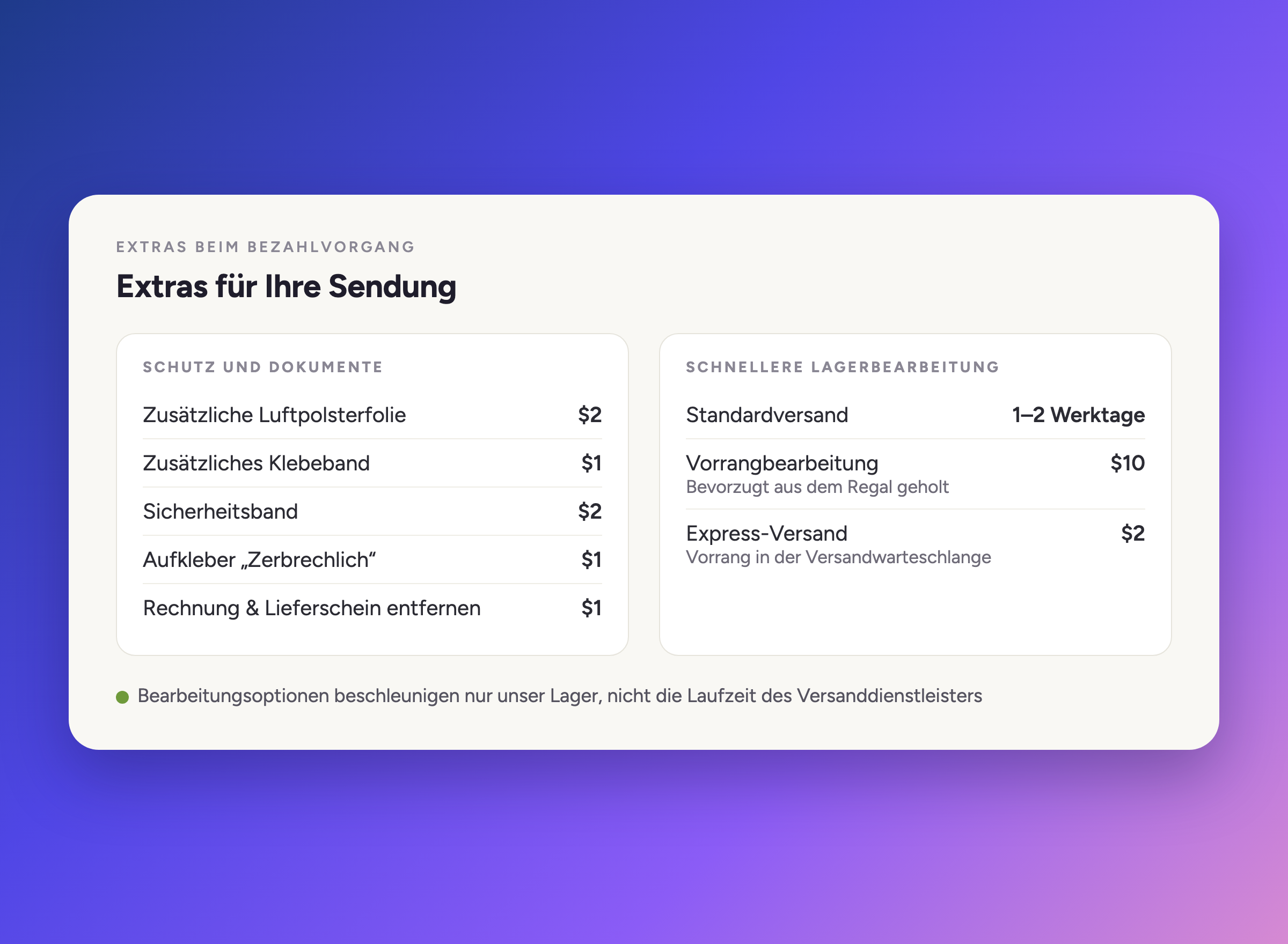 Zusatzleistungen, die Sie Ihrer Sendung hinzufügen können