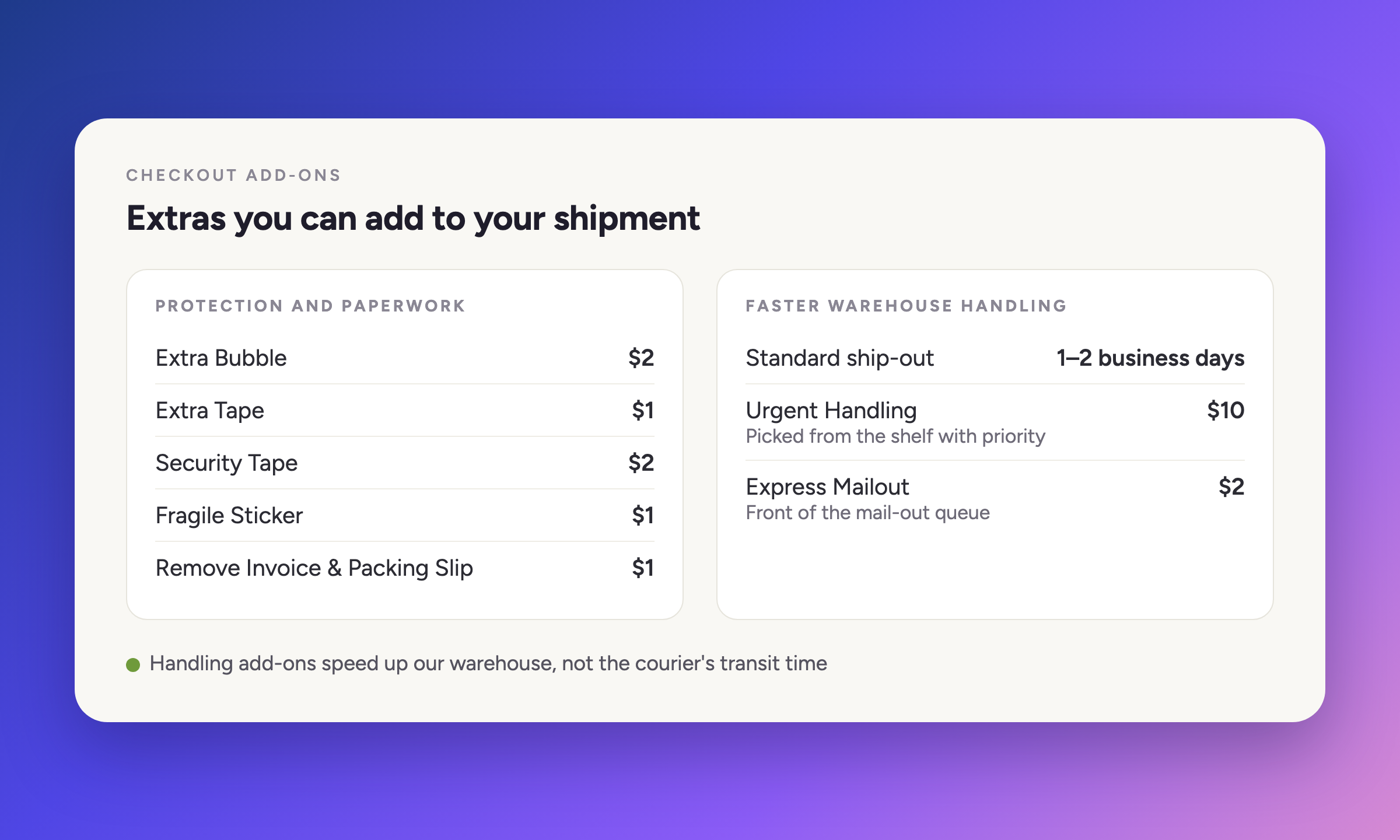 Extras you can add to your shipment