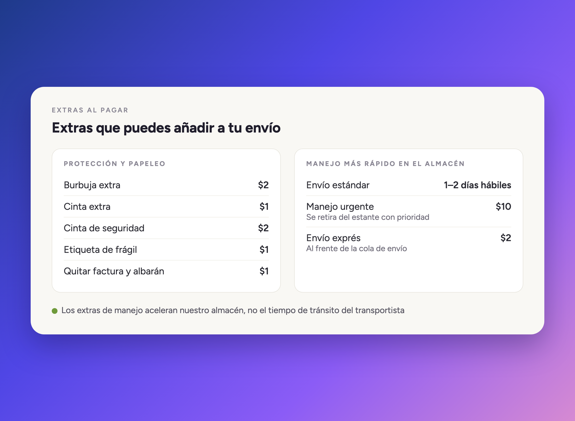Extras que puedes agregar a tu envío